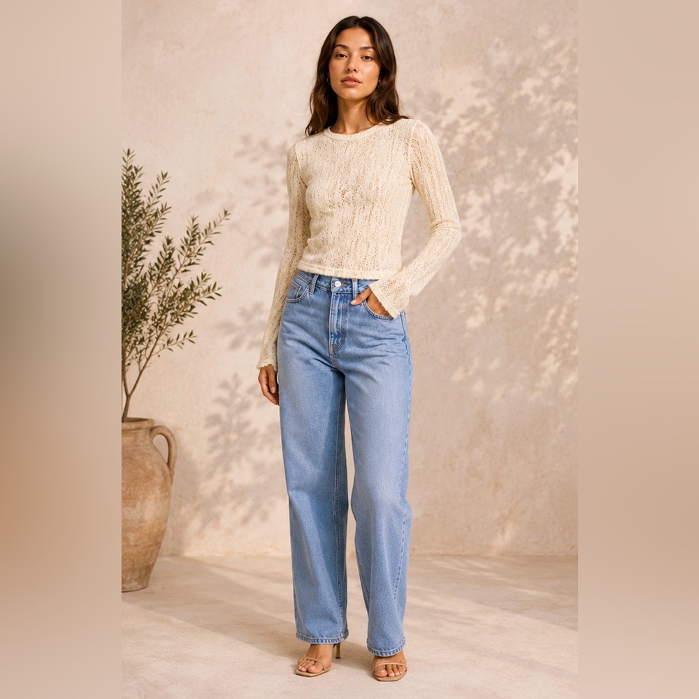 Commense Cream Lace Textured Long Sleeve Top Women’s S Sheer Top